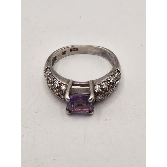 JC Jewelry - JC‎ 925 Sterling Silver Princess Cut Amethyst Pave Cubic Zirconia Ring Size 6.5